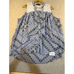 Heartsoul Plus Womens 2X Blue White Paisley Bandana Lace‎ Trim Sleeveless Blouse
